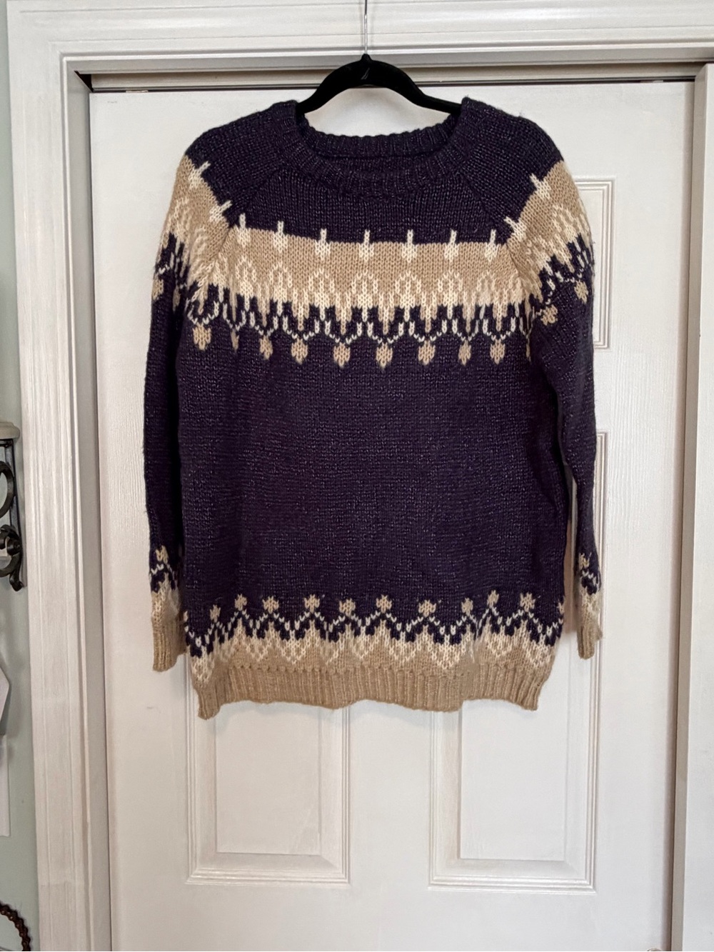 Classic Crewneck Fair Isle Sweater in Navy Blue and Cream
